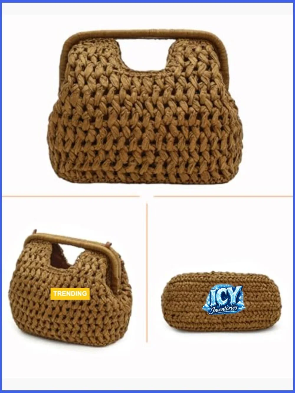 Natural Straw Woven Clutch Purse, Beach Crossbody Bag with Gold Chain - Picture 5 of 7